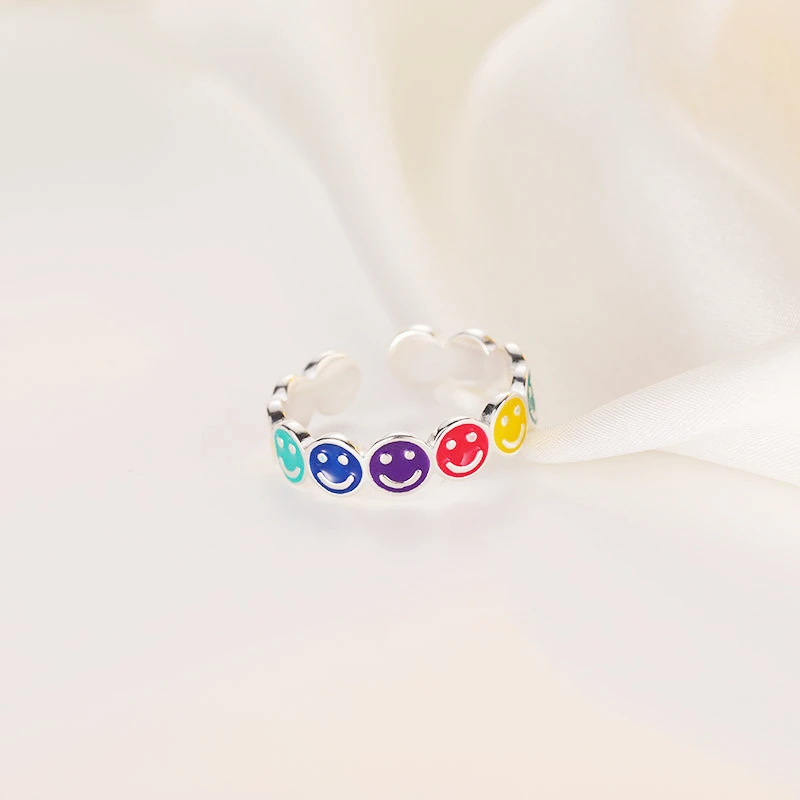 WYEAIIR 925 Sterling Silver Color Glazed Cute Smiling Face Cartoon Resizable Opening Ring For Women Luxury Jewelry 4