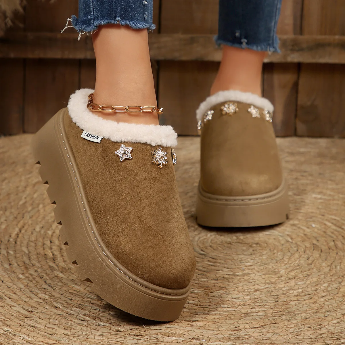 Chunky Platform Wedge Heel Furry Casual Shoes Women 2025 Winter Warm Plush Mules Slippers Soft Thick Bottom Fur Outdoor Slippers