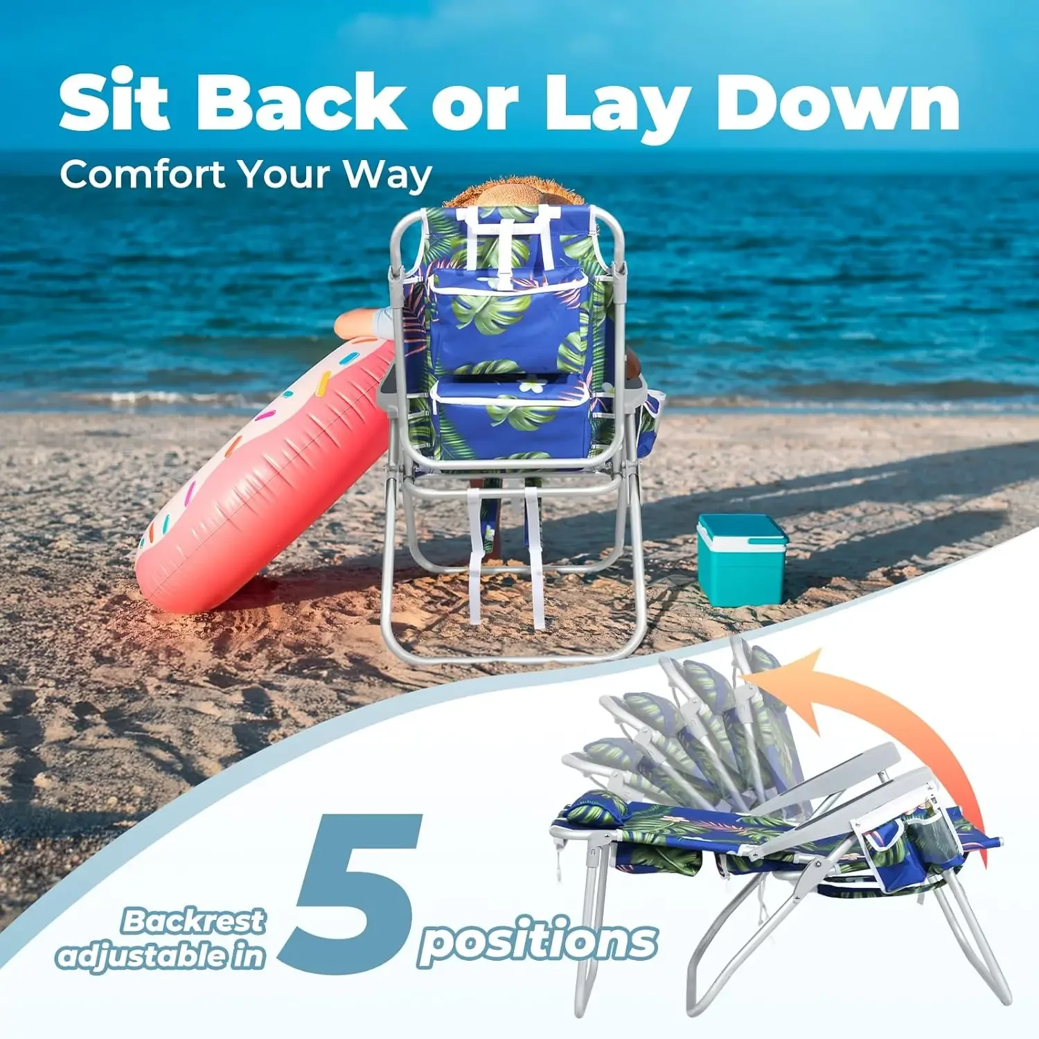 Tall Beach Chairs for Adults – 5-Position Reclining Backpack Chair with Large Insulated Cooler, Portable Beach Chair, 2 Pack