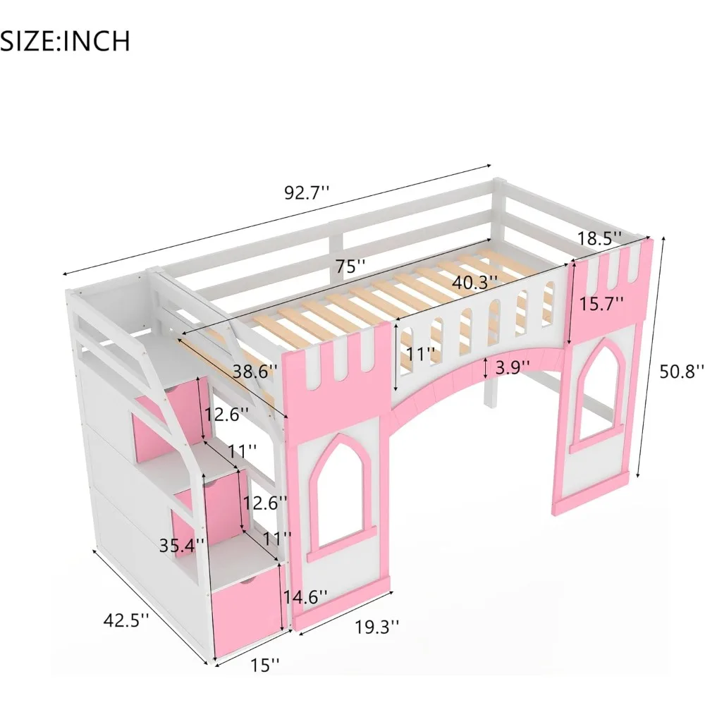 Twin Size Loft Bed with Storage Staircase and Window, Wood Playhouse Bed Frame with Storage for Boys, Girls 2