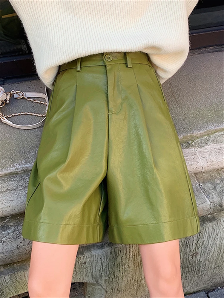 Autumn Winter Green Faux PU Leather Women's Shorts High Waist Wide Leg Pants Vintage Trousers Female Pocket 2022 New