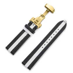 Colorful Calfskin Leather Watch Strap with Butterfly Buckle - 20mm (BlackWhite - Gold)