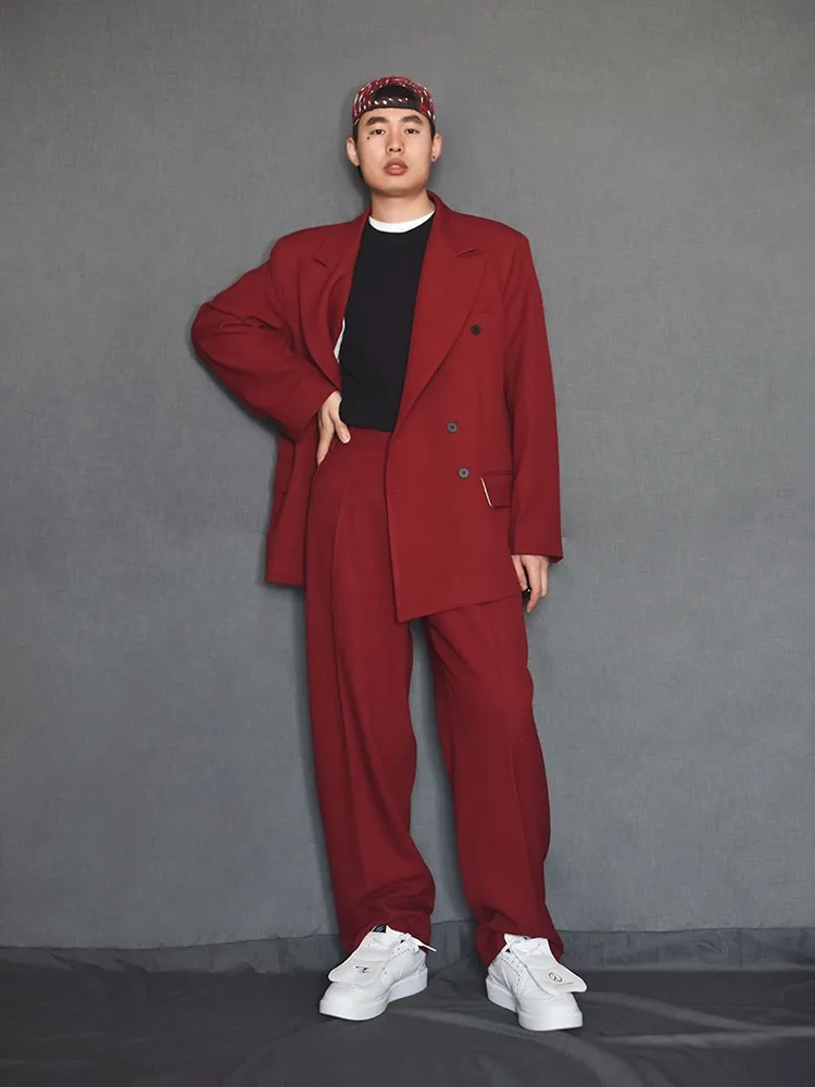 Business Men Casual Work Two Piece Set Red Double Breasted Blazer 