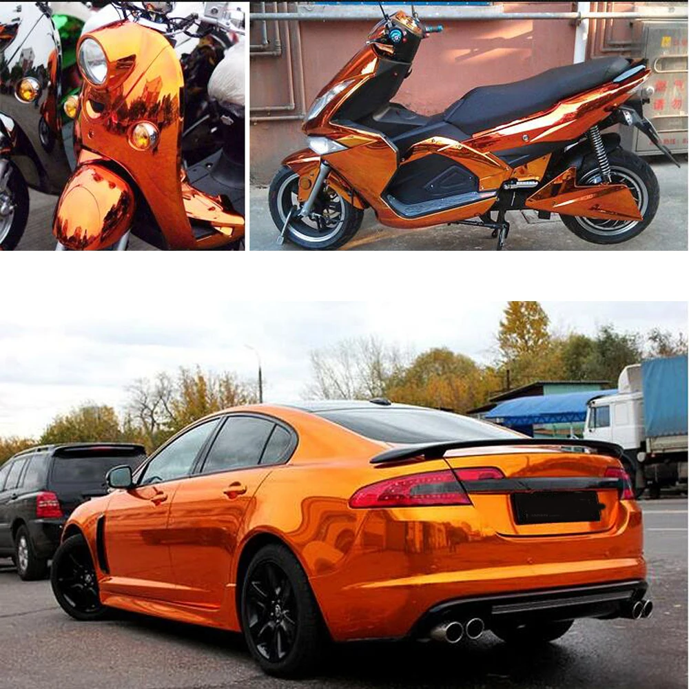 

Растягивающаяся оранжевая виниловая пленка с металлическим покрытием, 3 м x 1,52 м, наклейки для мотоциклов, зеркальная глянцевая пленка, рулон листов