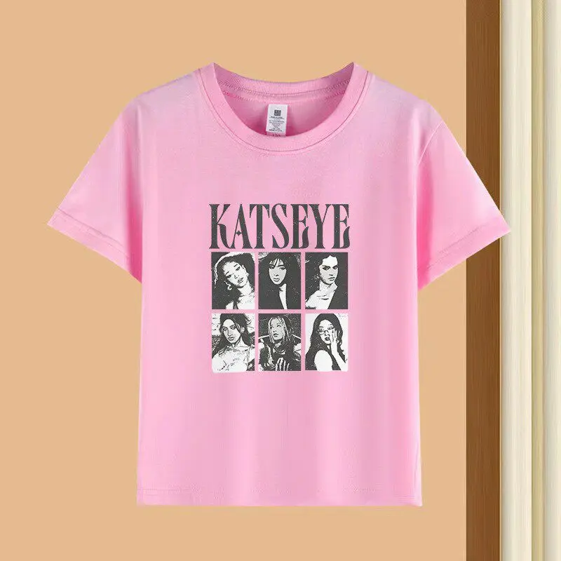 KATSEYE 코리안 웨이브 티셔츠, 라운드넥 스타일, 여아 여름 상의, 반팔, 어린 아이들에게 적합, 선물로도 좋습니다.