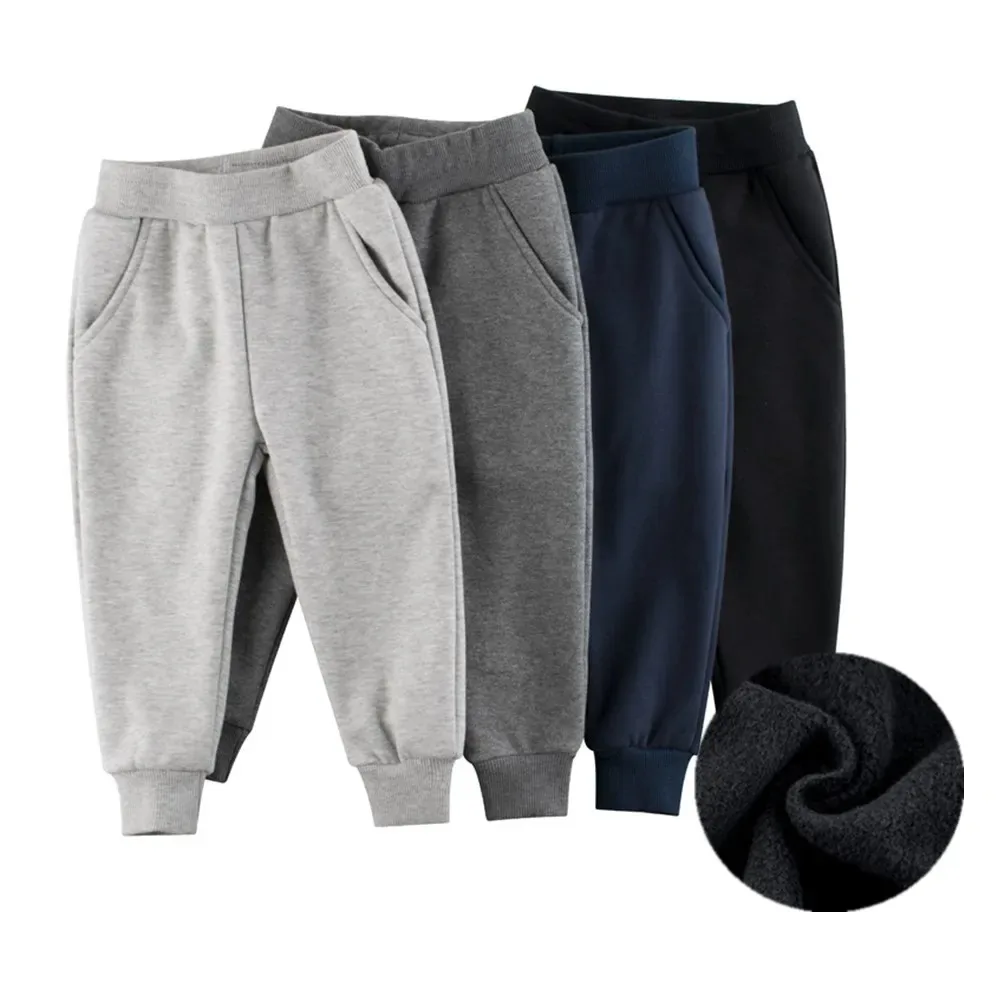 Children Trousers for Boys Autumn Winter Fleece Thickening Solid Blue Black Grey Sport Casual Long Pants for