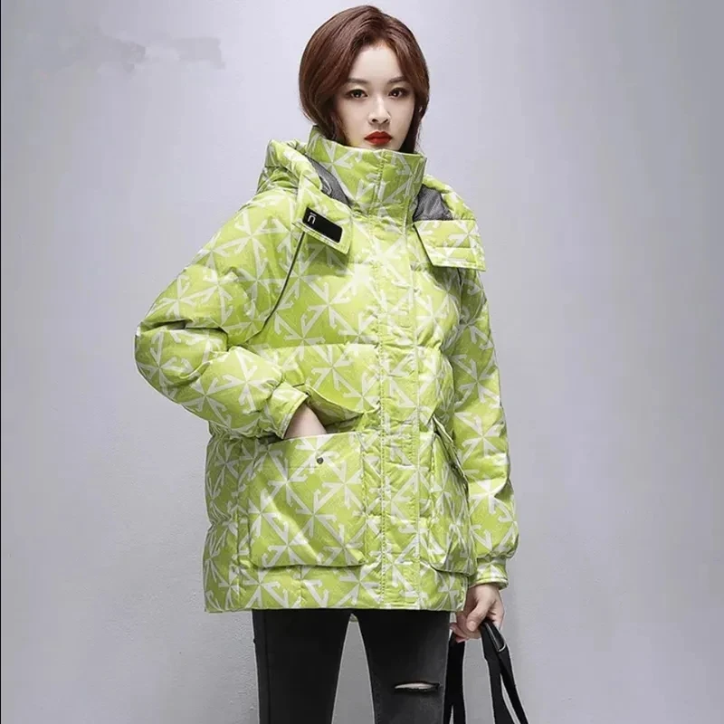 Mid Length Down Cotton Jacket for Women's 2023 Winter New Fashion Loose Fitting Standing Collar Hooded Winter Coat For Women's
