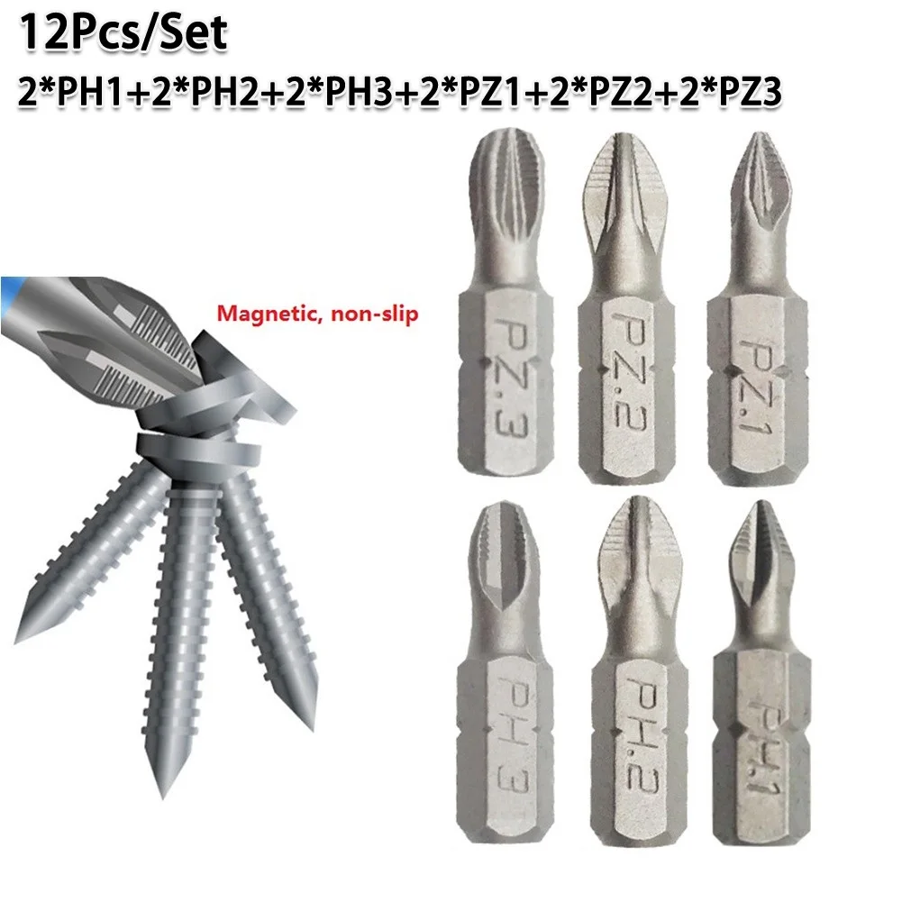 

12Pcs Non-Slip Batch Head Phillip Bits Hex Shanked Screwdriver Magnetic Single Head PH1 PH2 PH3 PZ1 PZ2 PZ3 Hand Repair Tools