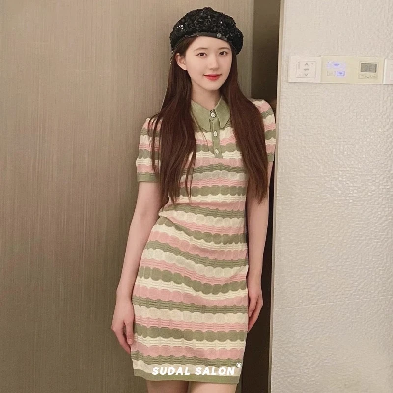 

Polo neck striped knit dress women's summer cold wind advanced sense of ice silk gentle Department of Versailles skirt