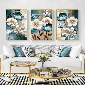 Golden Blue Flowers Nordic Poster Modern Abstract Wall Art Canvas Print Painting Wall Pictures for Living Room Home Decoration 1