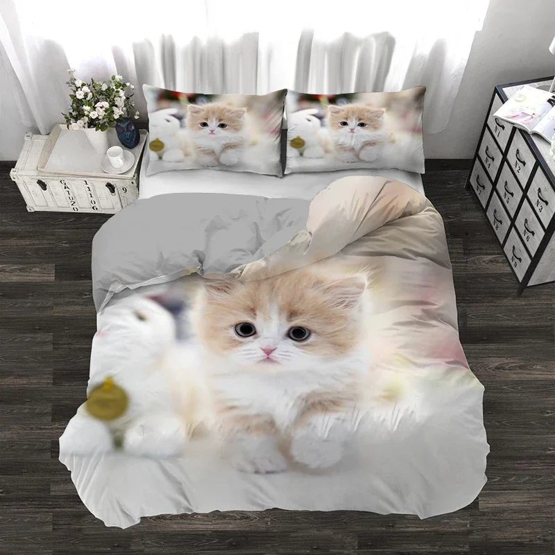 Super süßes Kätzchen-Kinderbettwäsche-Set, Kawaii-Mädchen-Steppdecke, King-Size-Bett, niedliches Katzentier, 3-teilig, Polyester-Bettbezug (kein Blatt) – Detail 13