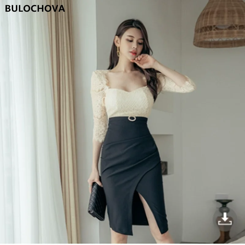 

BULOCHOVA Lace Patchwork Bodycon Knee Length Dress 2022 New Spring Women Square Collar Big Size Package Hip Slim Vestidos