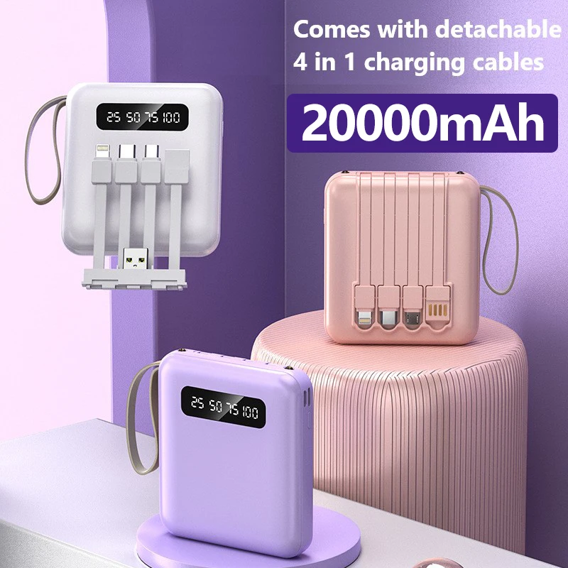 Mini Power Bank 20000Mah Con Cavi Di Ricarica 4 In 1 Display Digitale Power Bank Batteria Esterna Portatile Universale
