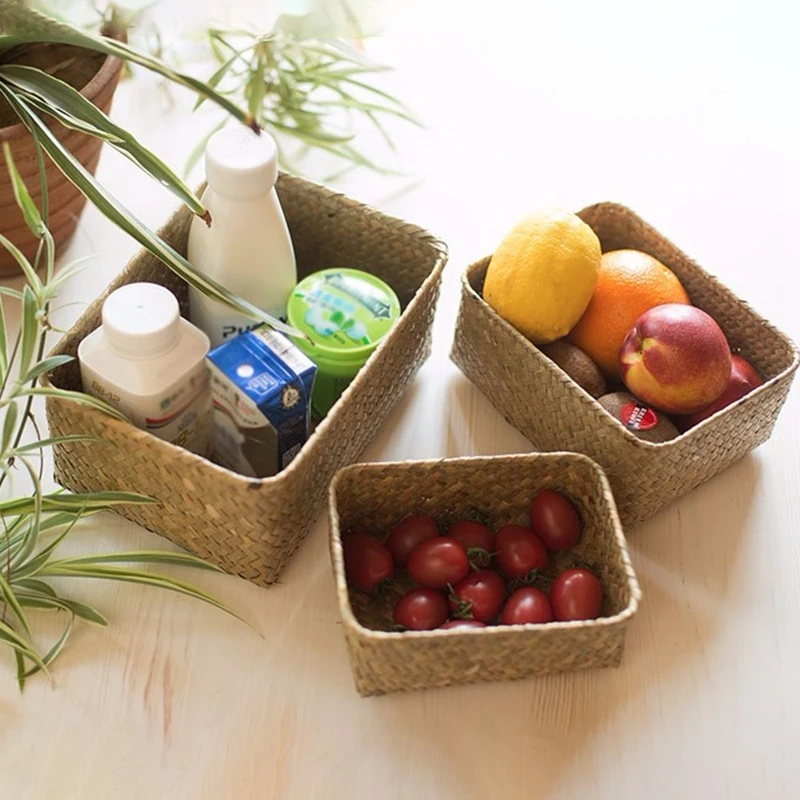 Wicker Storage Basket Picnic Basket Woven Laundry Basket Sundries Organizer Kitchen Fruit Organizer Seaweed Box cesta decorativa 2