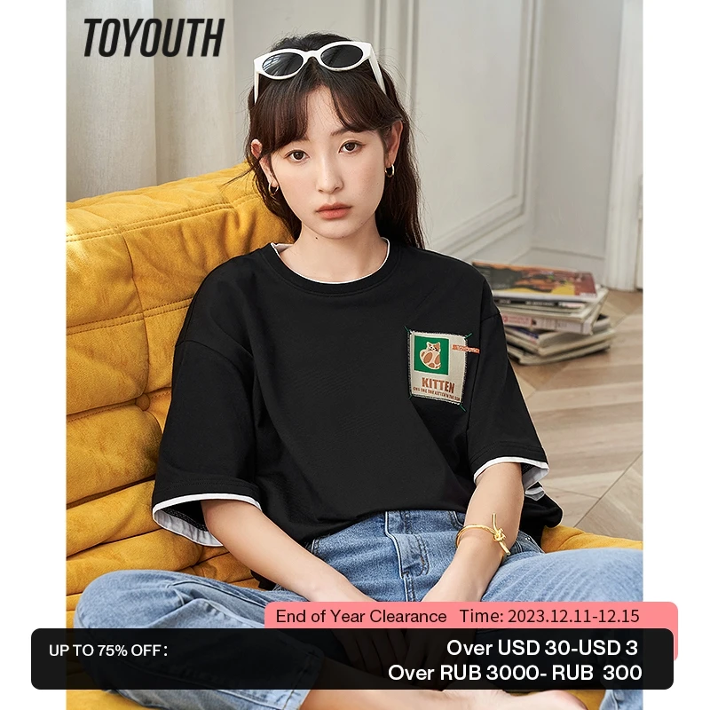 

Toyouth Women T-shirt 2023 Summer Short Sleeve O Neck Loose Tees Cartoon Print Pure Cotton Casual Chic Streetwear Tops