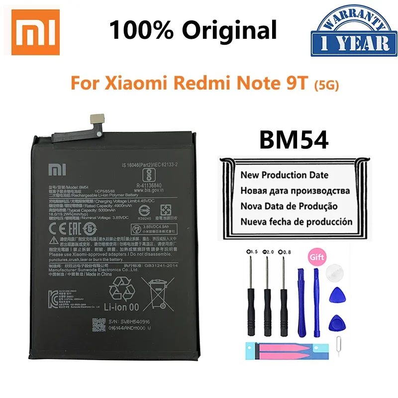 

100% Оригинальный аккумулятор Xiao Mi BM54 5000 мАч для телефона Xiaomi Redmi Note 9T Note9T 5G, сменные батареи, батарея