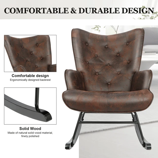 Rocker Glider Chair Modern Rocking Chair with Wooden Base High Backrest and Armrests Padded Seat Comfy Upholstered Chair 3