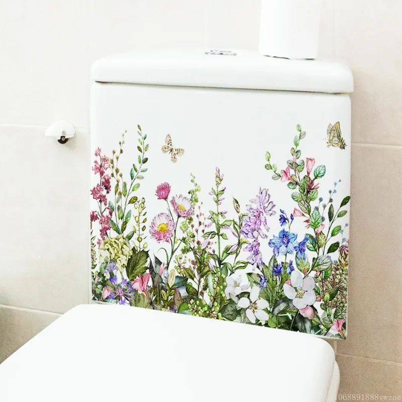 Green Plant Leaves Flowers Toilet Stickers Self-Adhesive Toilet Lid Stickers Bathroom Wall Sticker Cover Decor Decal