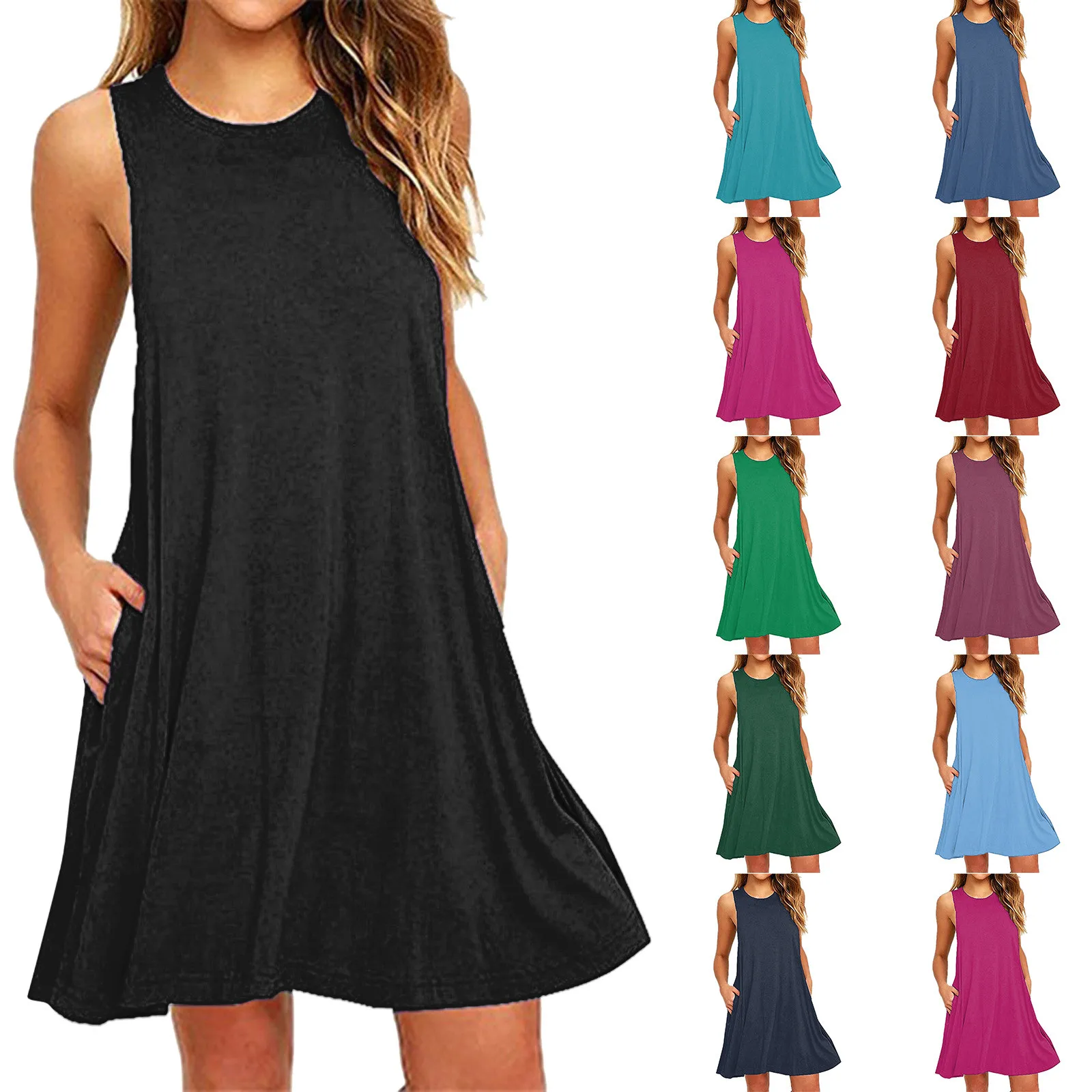 

Women's Causal Vintage Summer 2024 Beach Dress Solid Color Sleeveless Backless Camisole Dresses Loose A Line New In Sundress