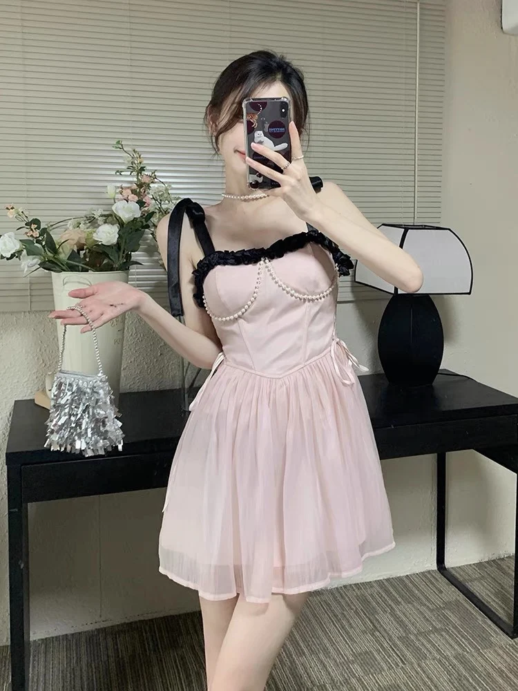 

Deeptown Y2k Fairycore Pink Mini Prom Dress Women Cute Sweet Floral Spaghetti Strap Tunic Princess Dresses Korean Style Vestidos