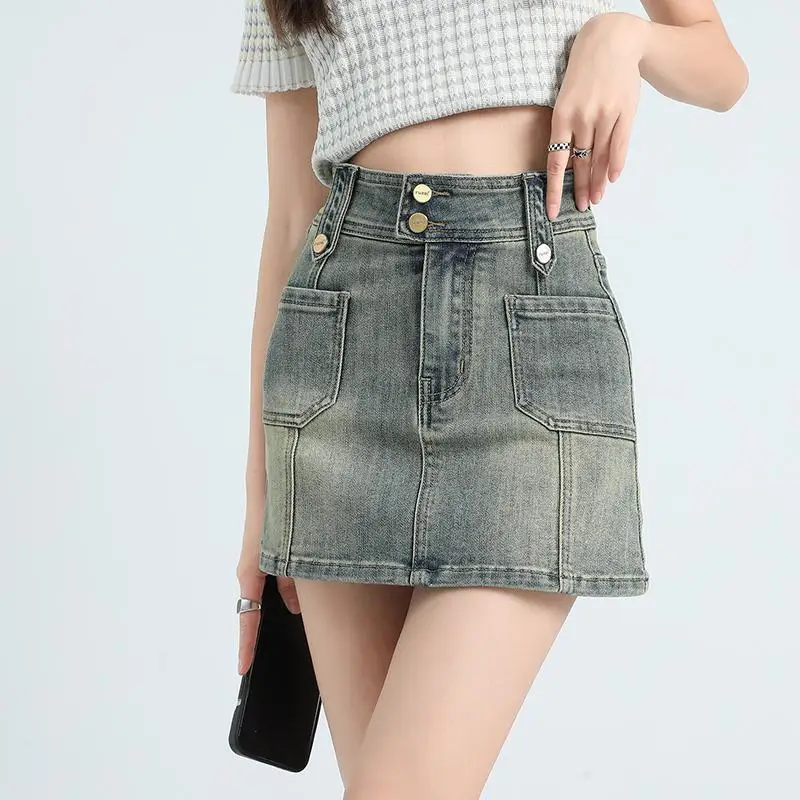 

American New Vintage Spice Girl High Waist Denim Skirt Female Y2K Summer Design Sense Tooling Anti-exposure A-word Hip Skirt