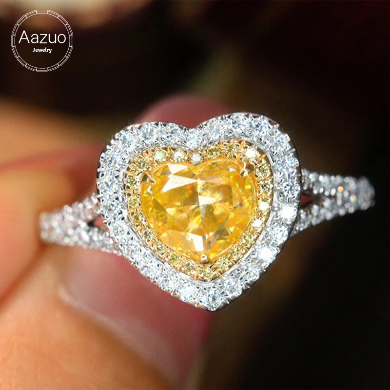 

Aazuo High Quality Real Yellow Diamonds Main Stone 1.0ct 18K White Gold Luxury Heart shape Ring Upscale Trendy Senior Party