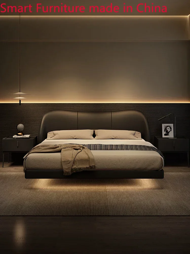 

bed Italian minimalist suspended leather black 2023 new light luxury modern simple master room soft bag wedding