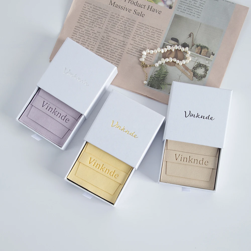 Luxury White Drawer Jewelry Boxes with 8x8cm Microfiber Suede Flap Gift Bags Earrings Ring Necklace Organizer Packaging Box Bag