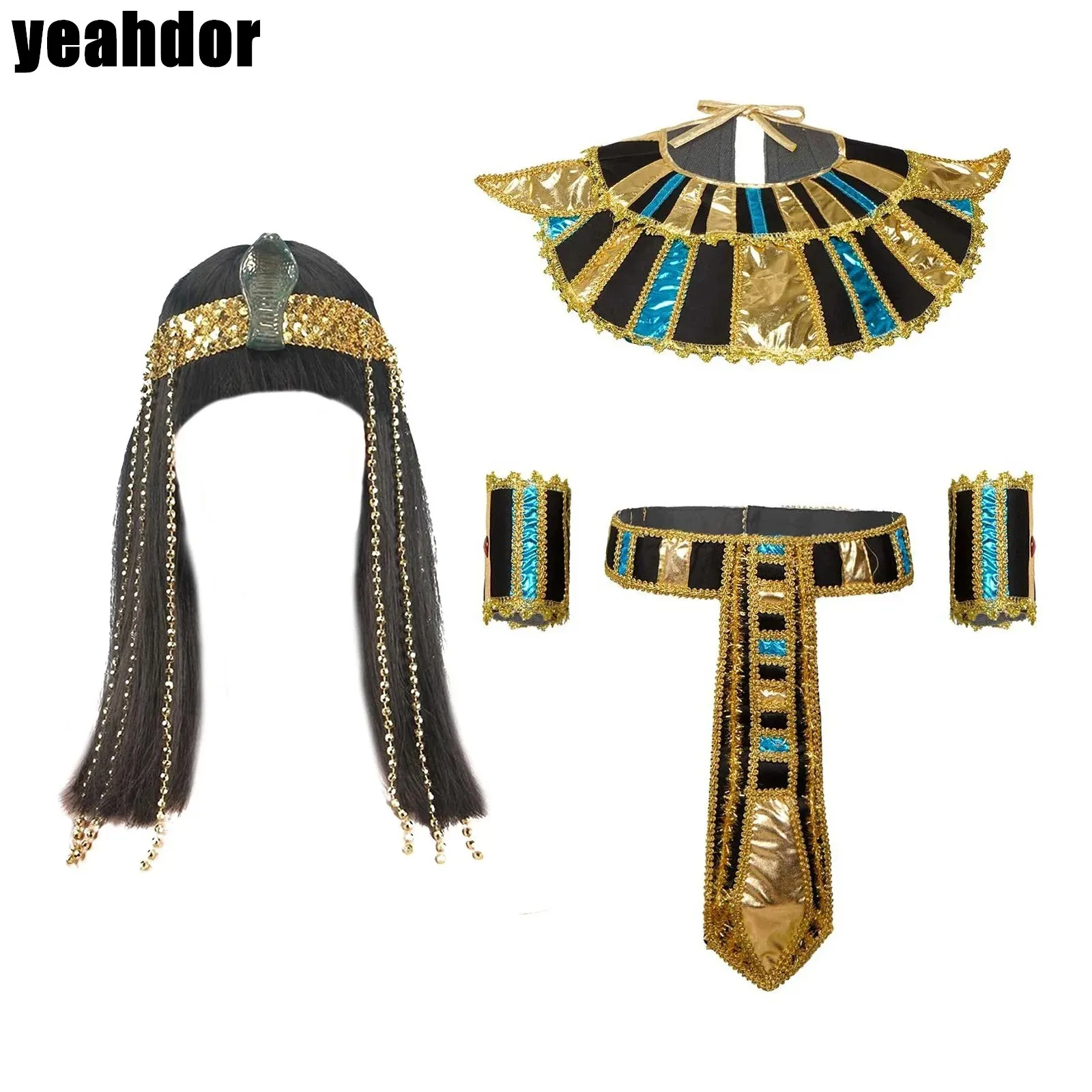 

Cleopatra Egyptian Queen Cosplay Accessory Wig And Plastic Beads Fringe Snake Headband Blunt Bangs Straight Hair Wig Neck Collar