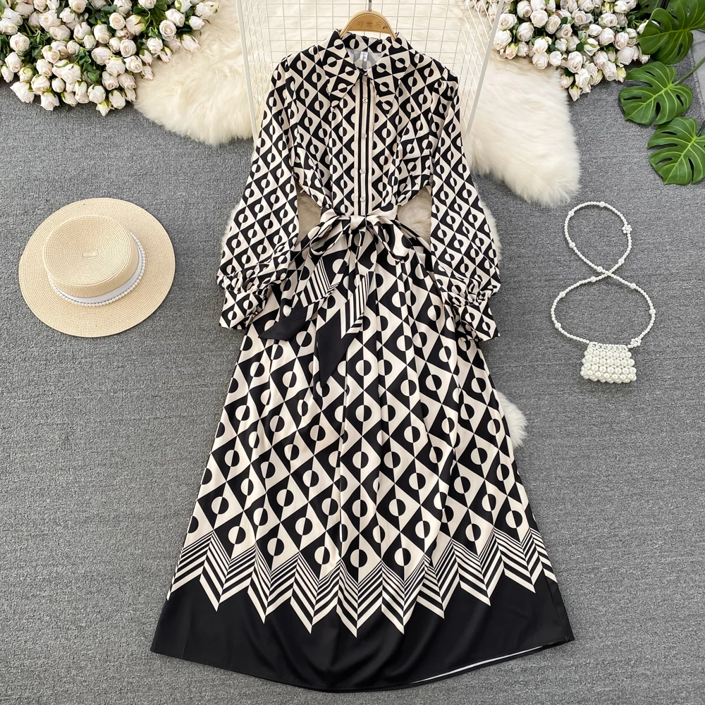 

Vintage Style Long Sleeved Lapel with Waistband Bow Tie Up A-line Large Swing Shirt Dress