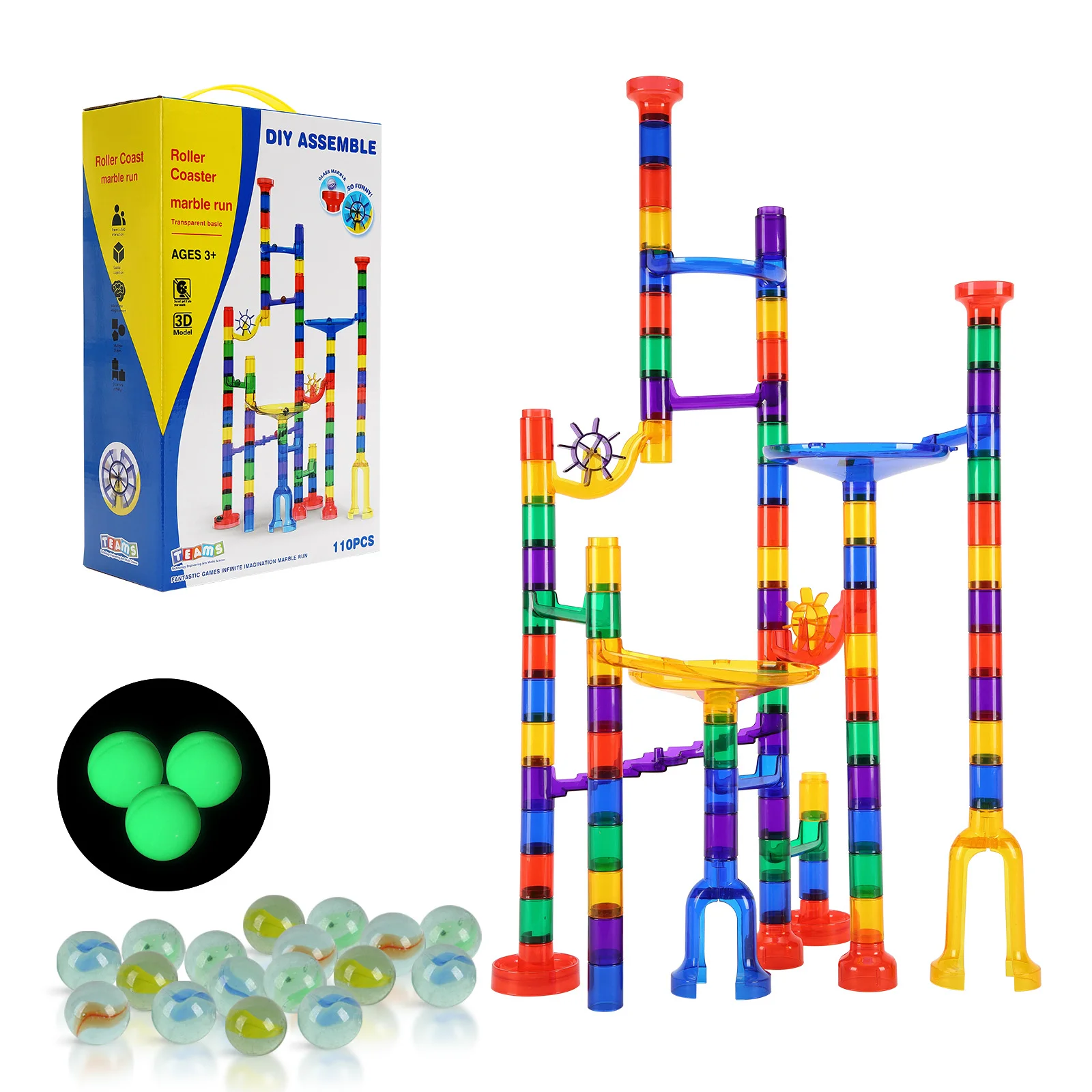 SucceBuy 110 PCs Marble Run Set Marble Maze Building Block Brain Game with 10 Glow in the Dark Marbles + 20 Glass Marbles