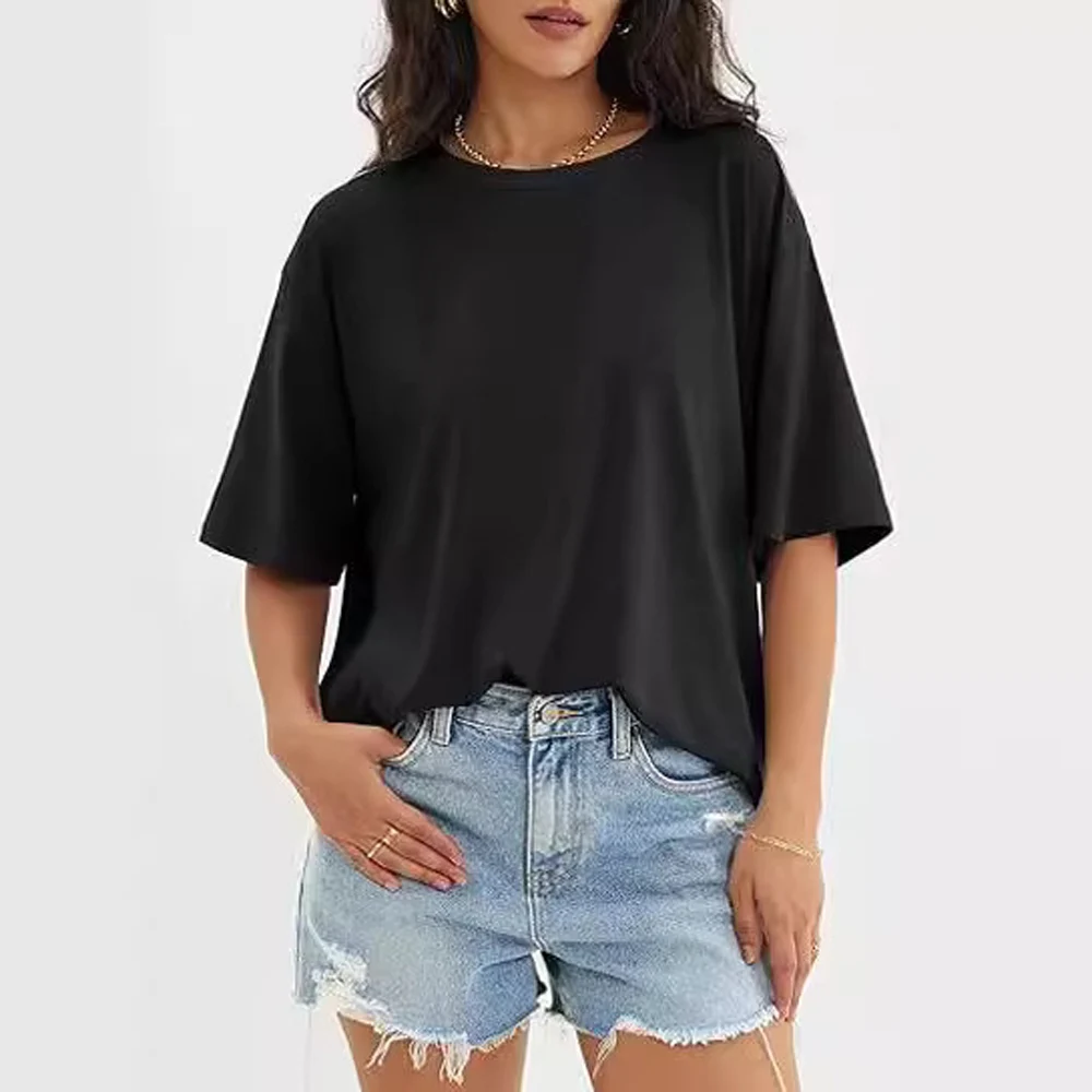 Women Solid Color Short Sleeve Loose Tshirt Tops
