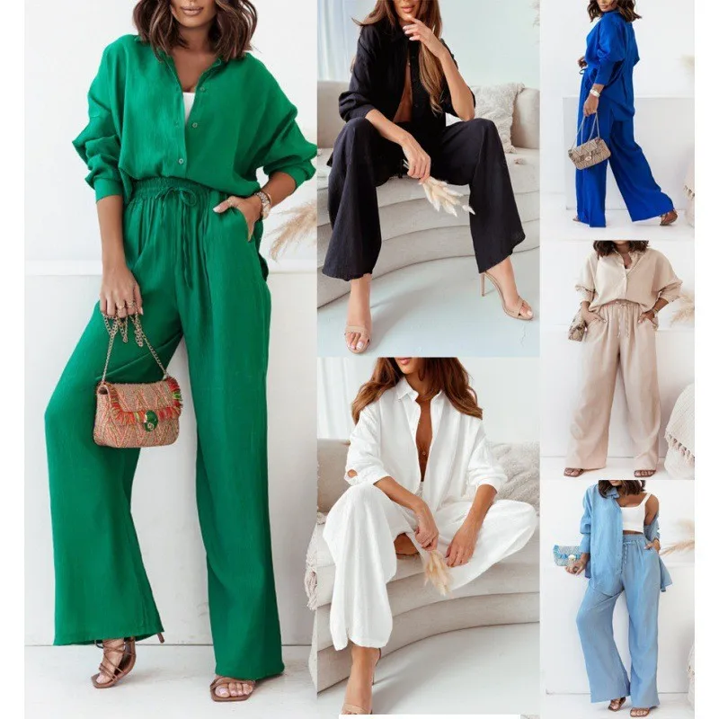

Sets For Women 2 Pieces Spring Summer Shirts+Pants Suits Office Lady Fashion Long Sleeve Loose Tops Crepe Y2K 2Pcs Set Outfits