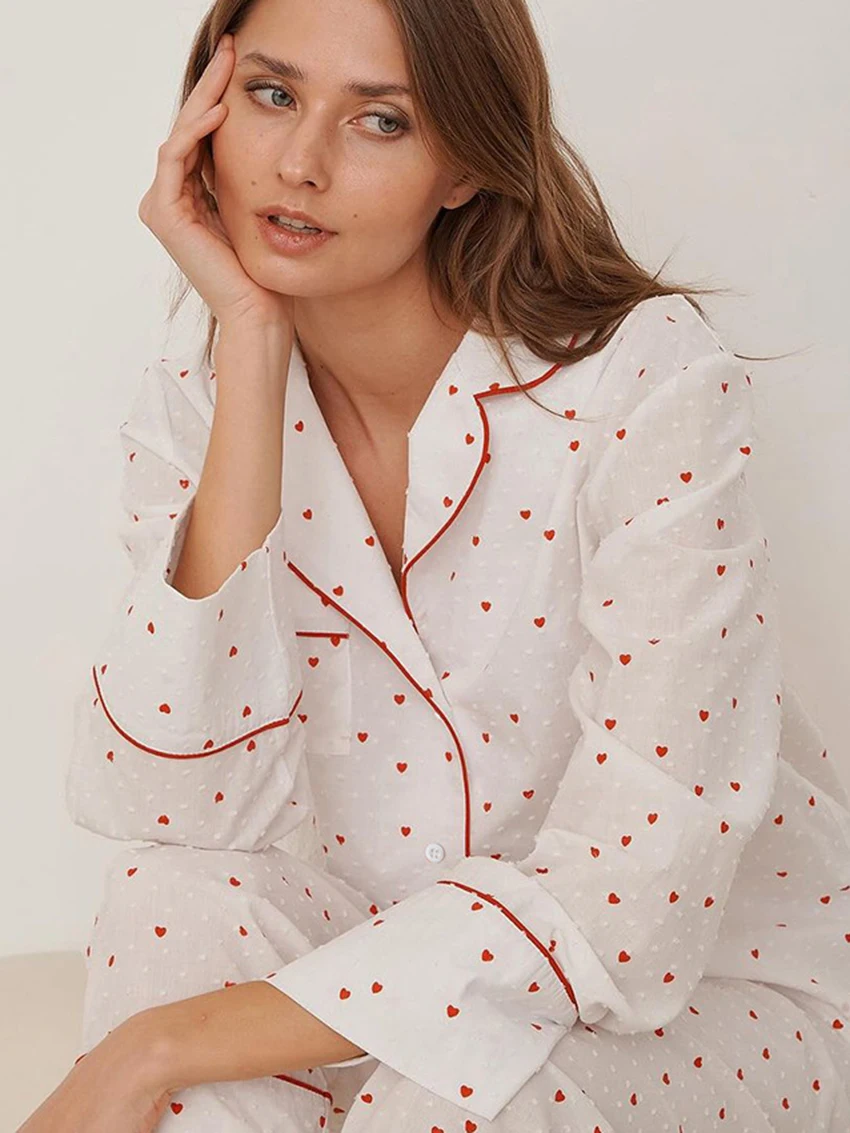 Marthaqiqi Printing Female Pajama Suit Sexy Turn-Down Collar Sleepwear Long Sleeve Pyjamas Pants Cotton Casual Women Nightie Set