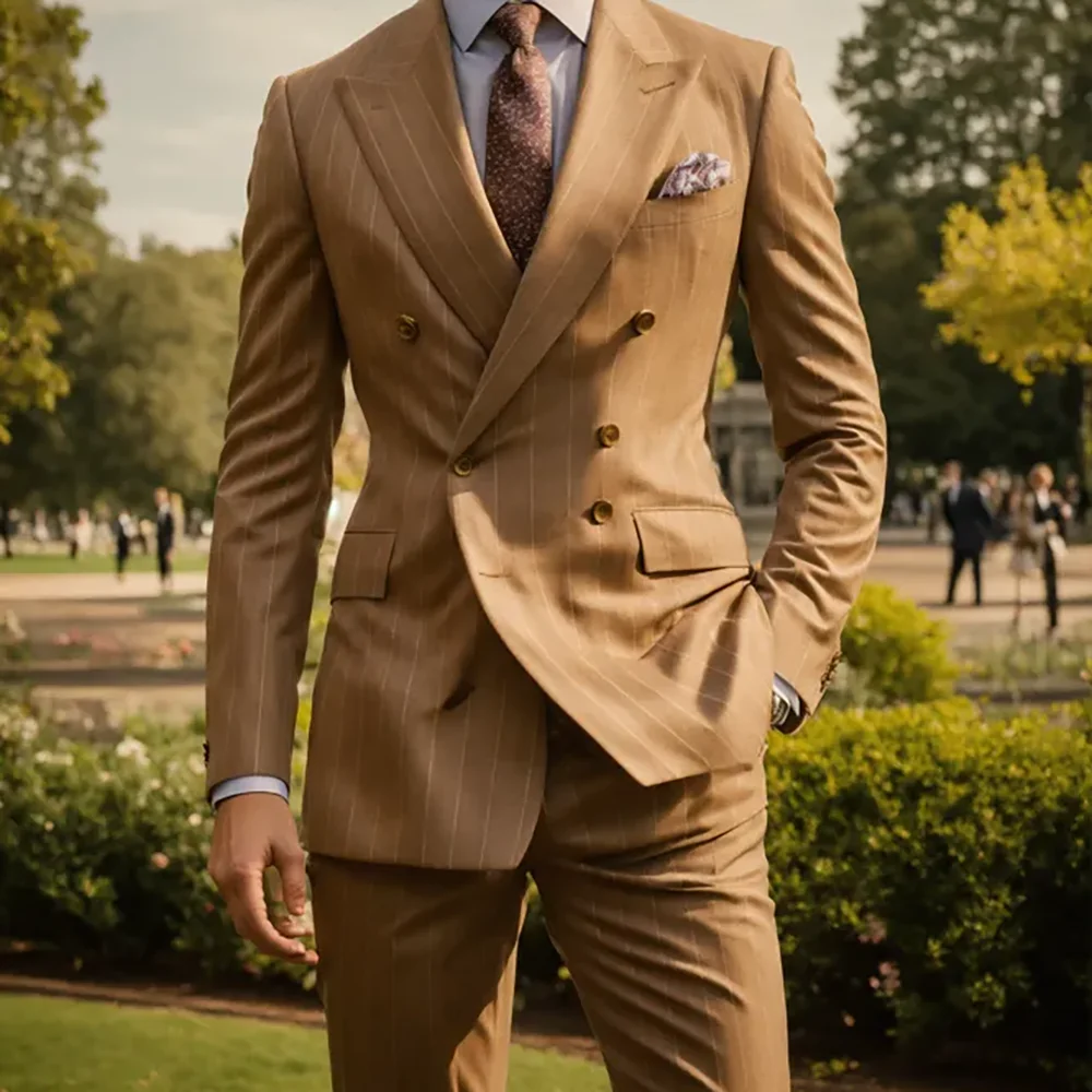 Casual Suits For Men Fashion Solid Color Pinstripe Outfits Peak Lapel 2 Piece Prom Party Wedding Groom Tuxedo