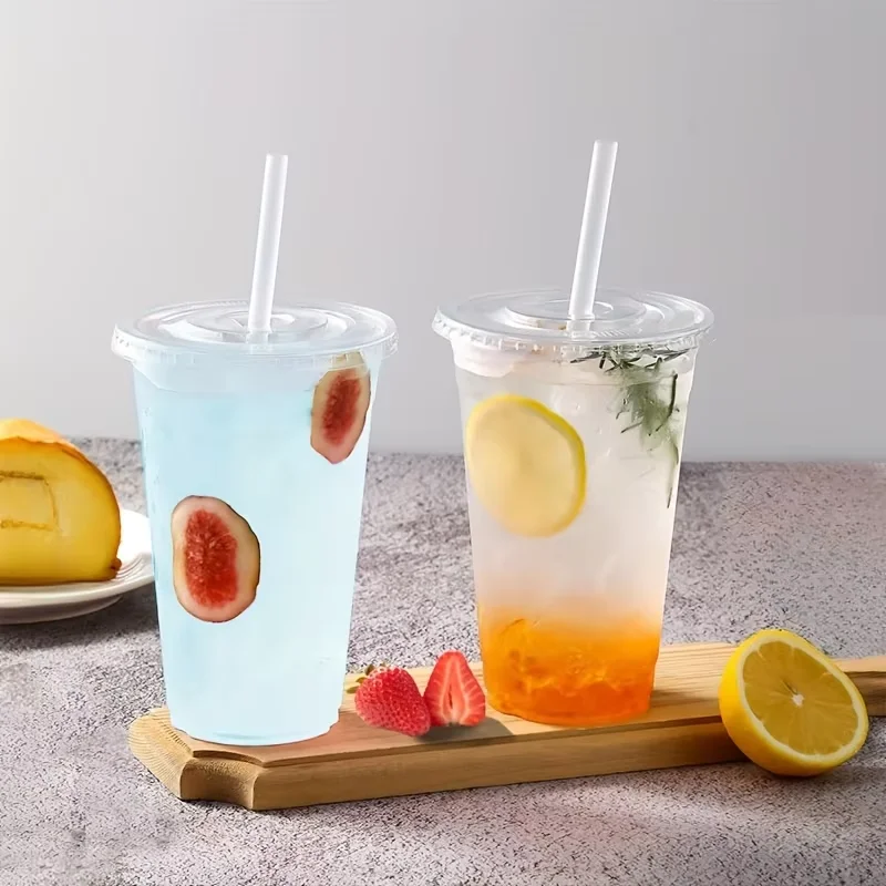 100PCS Disposable Plastic Cups with Lids for Ice Coffee Cold Drinks Plastic Cups Home Restaurant Drink Shop Party Picnic Party