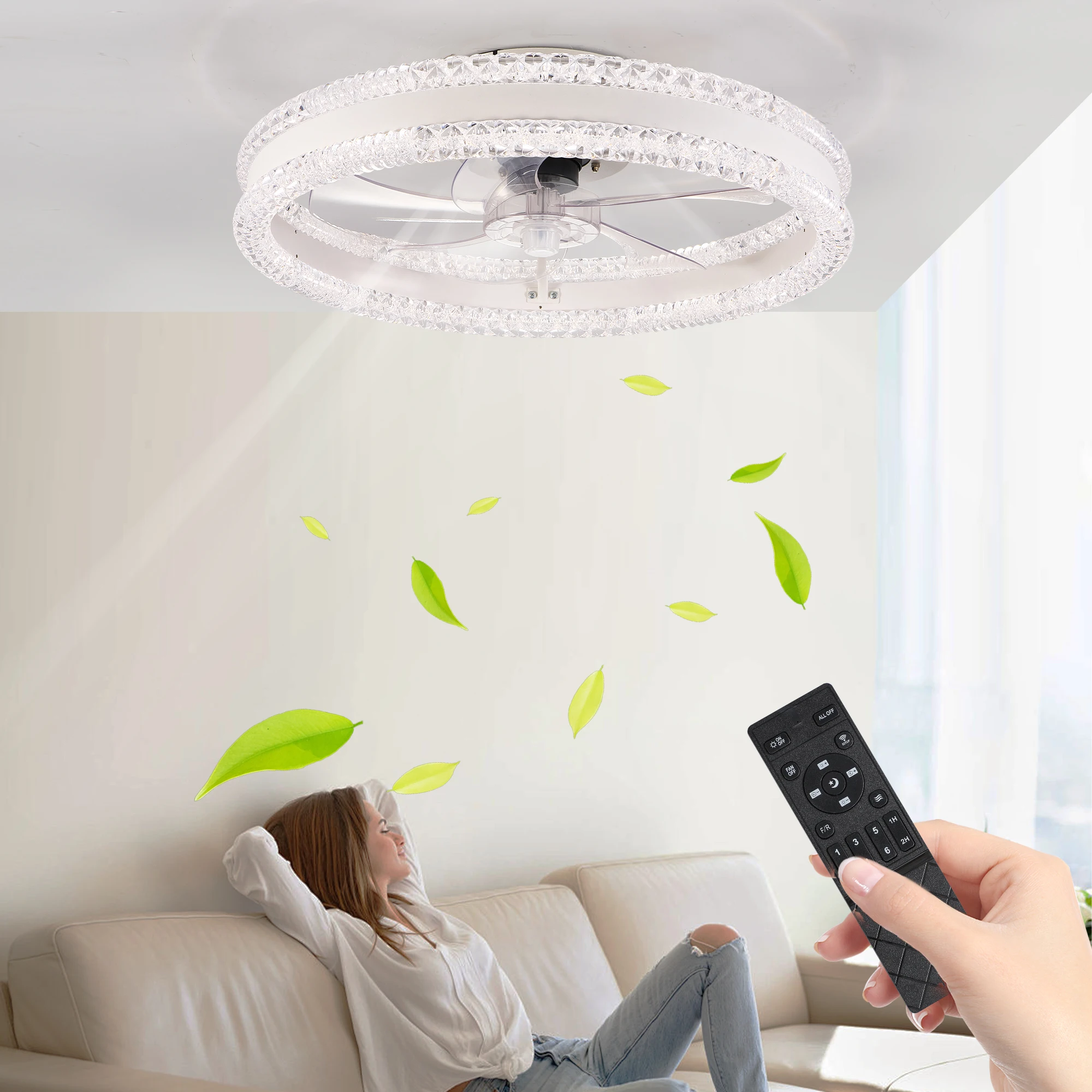 20" Luxury Double Ring LED Ceiling Fan with Light Modern Flush Mount Design Dimmable Lighting Low Profile Silent Fan