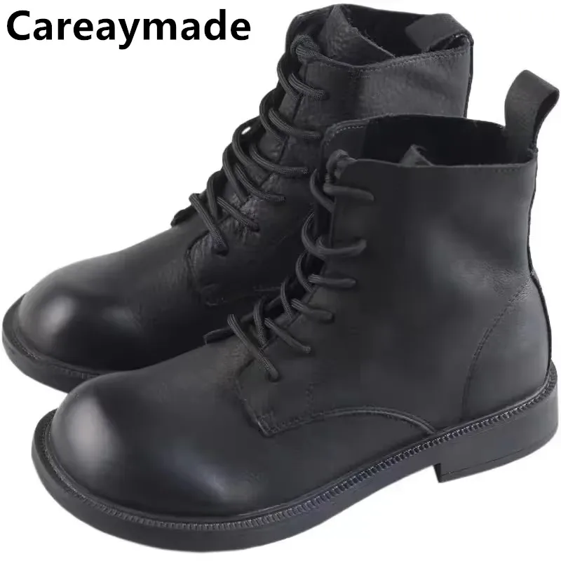Bottes courtes cuir véritable fait main - Talons plats pêche confort chaud femmes