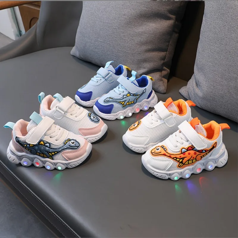 Spring Autumn New Boys' Girls' Dinosaur LED Light Sports Shoes With Mesh Surface Breathable And Casual Light Shoes Children