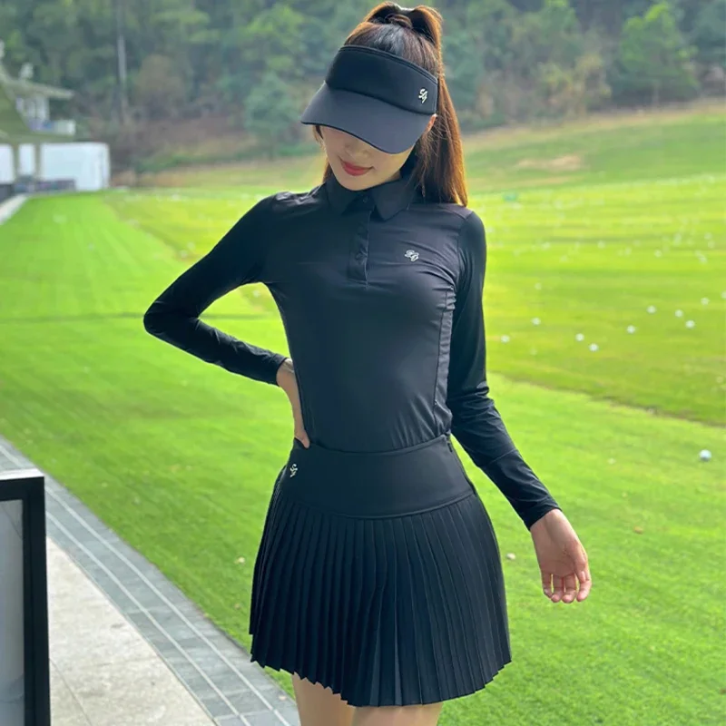 Golf Women's Shirts Sunscreen Long Sleeve Lapel Tops Ladies Sports Pleated Skort High Waist Anti-Light Golf Skirts
