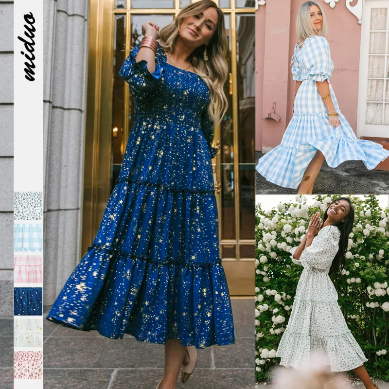 

Women's Smocked Elastic Waist Plaid Dress Square Neck Short Summer Floral Print Puff Half Sleeve Vintage Ruffle Midi Dress