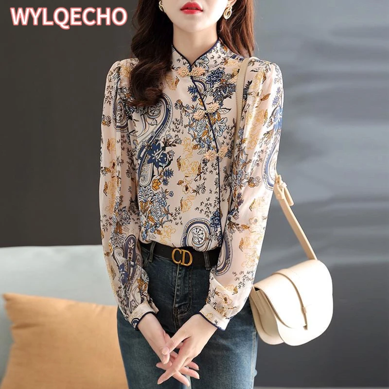 Vintage Chinese Stand Collar Cheongsam Button Top Women's New Fashion Long Sleeve Flower Printed Elegant Retro Blouse