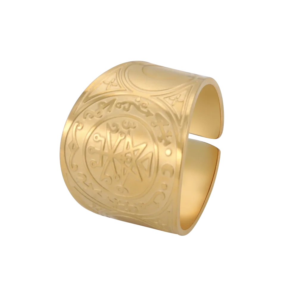 Kkjoy Edelstahl Goldfarben Kupfer Antike Bronze Sechseckiger Stern Magischer Kreis Mond Offener Ring für Männer Party Geschenk Einzelhandel – Detail 21