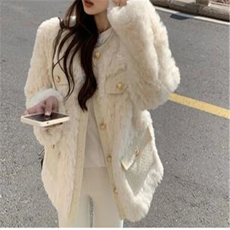 

Autumn Winter Women's Lamb Wool Jacket Korean Style Streetwear O-Neck Faux Fur Coat Woman Warm Thick Furry Fluffy Coat