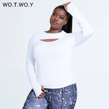 

WOTWOY Front Hollow Out Plus Size T-Shirts Women Spring Autumn Loose Long-sleeved Fitness Tops Female White Quick Drying Tees