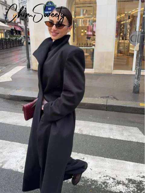 Elegant Women's Woolen Coat Black Single-Button Stand Collar Slim Lady Long Coats 2025 Autumn Winter Chic Female Streetwear New 6
