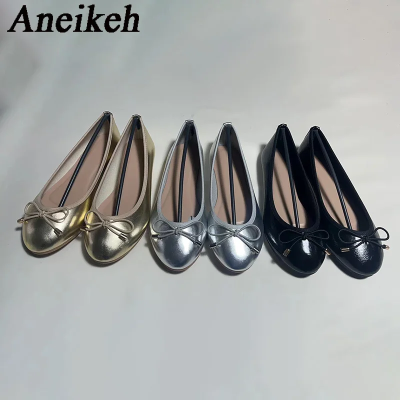 Aneikeh Gold Silver Fashion Flats Luxury Women Ballerinas Round Toe Bowtie Slip on Comfort Loafers Ladies Casual Mules Shoes