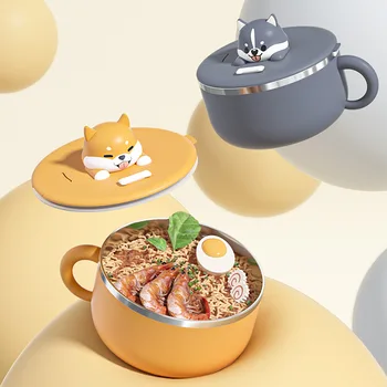 뚜껑이 달린 스테인리스 스틸 라멘 그릇, 인스턴트 국수 밥솥, 과일 샐러드 밥 수프 그릇, 대형 도시락, 주방 액세서리, 1200ml 상품 이미지