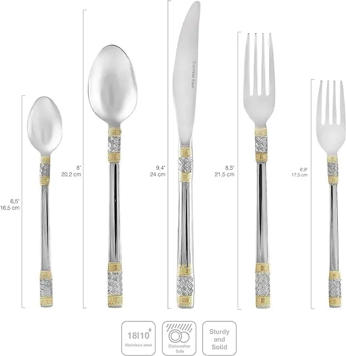 18/10 Flatware Service for 12-75 Piece Stainless Steel Set Polished Cutlery with Gold Accents 3 Piece Hostess Serving Ensemble