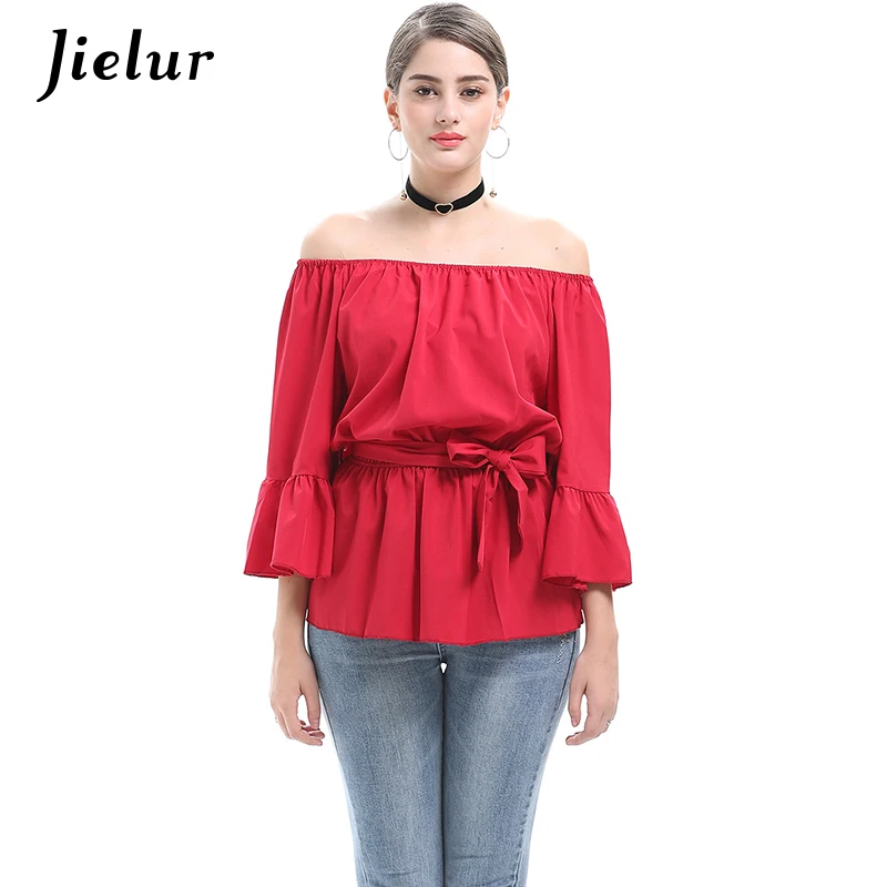 

Europe Slash Neck Flare Sleeve Summer Women T-shirt Loose Solid Color Sashes Top Sexy Unique Black Red Girl Tee M-XL